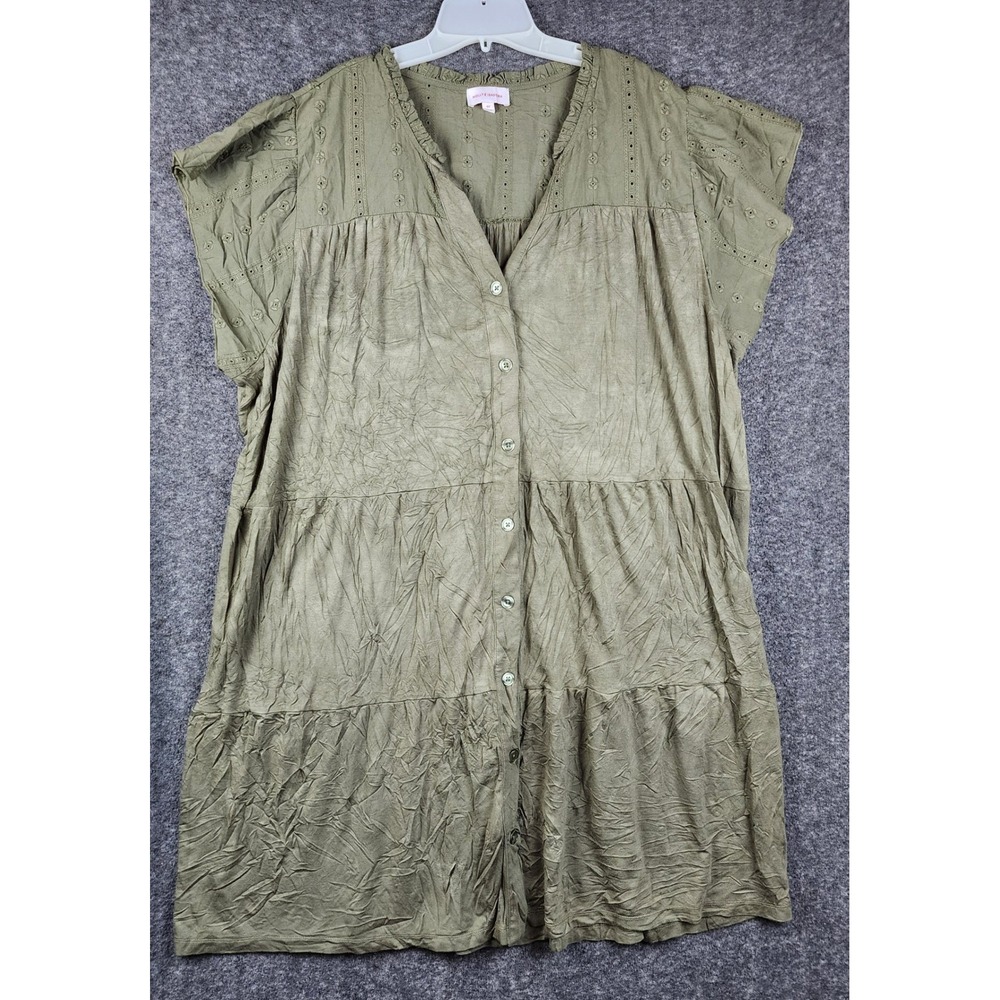 Molly & Isadora Tiered Dress Women 4X Olive Green Eyelet Boho DCNRS1014063